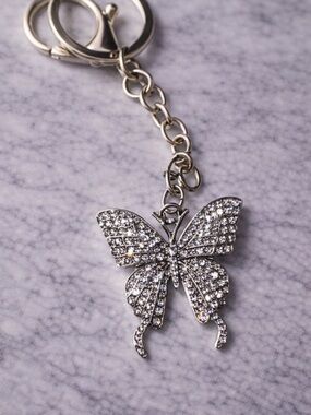 Sparkly Rhinestone Butterfly Keychain Silver Tone Bling Charm Cute Butterfly